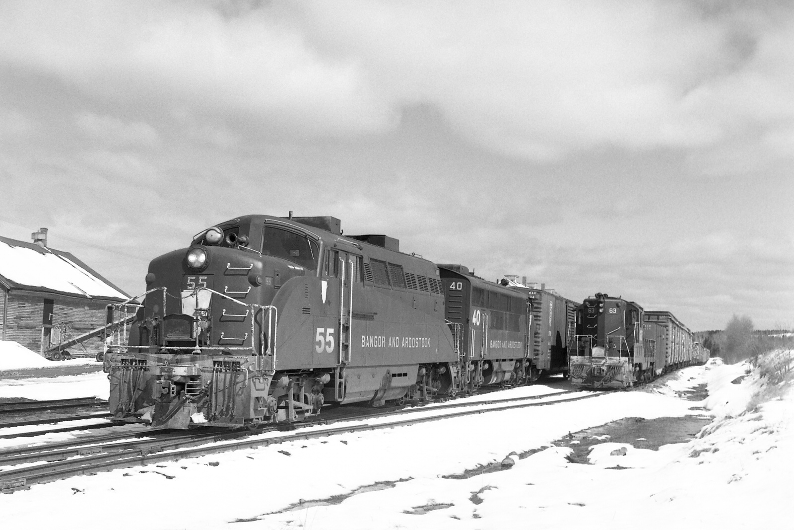 BAR 55 & 40 arrive at Ashland, ME with train #212 on 4/7/1973