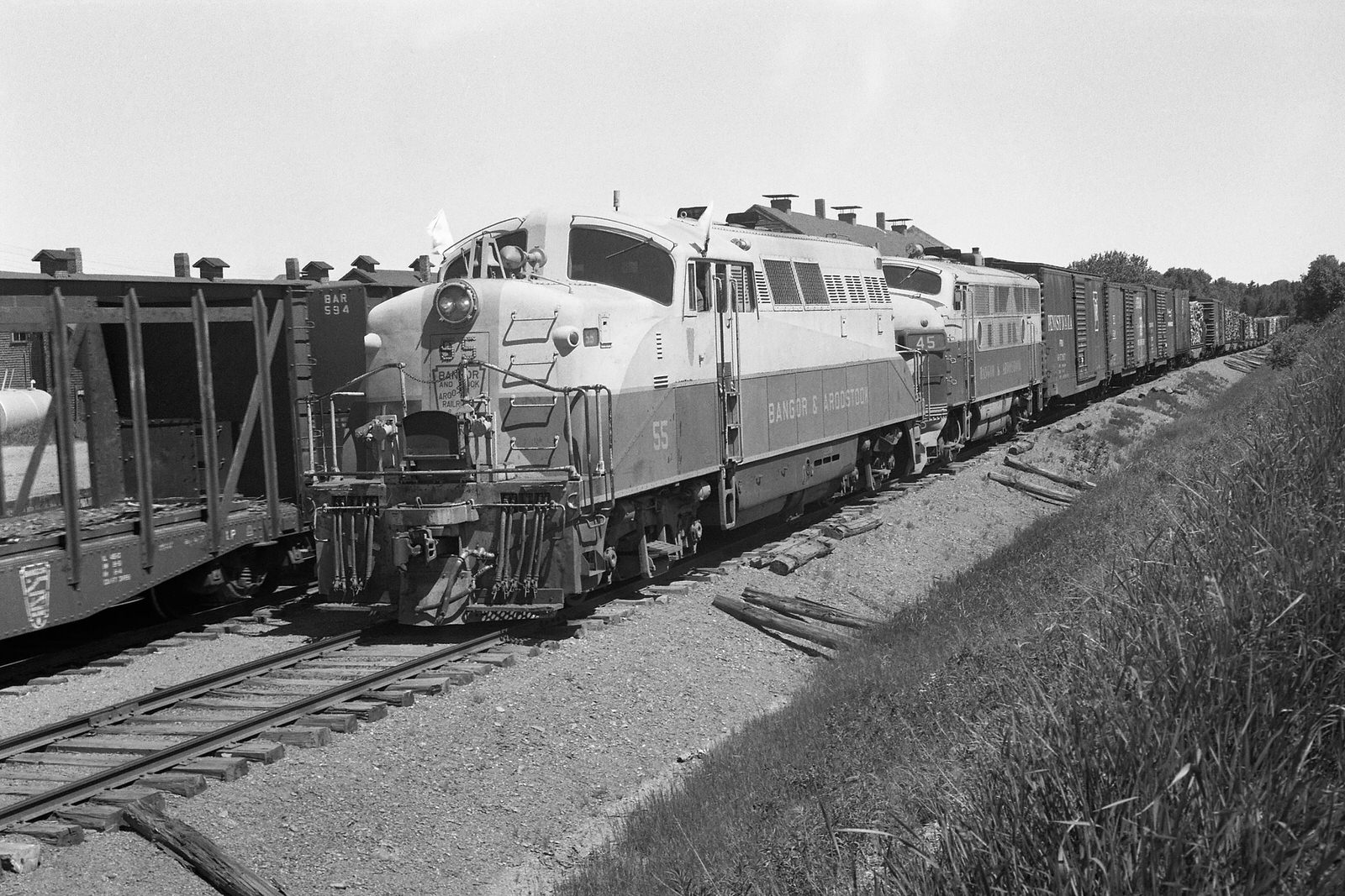 BAR BL2 #55 & F3 #45 with a freight at Ashland, ME in 1960.