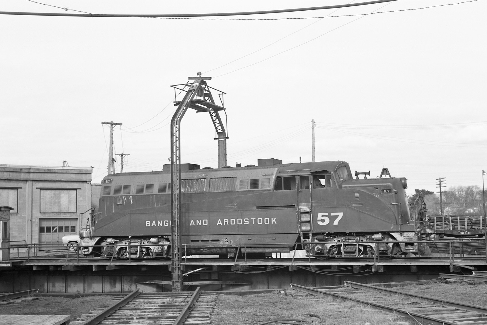 BAR BL2 #57 on the turntable @ Northern Maine Jct, ME on 3/23/1980.