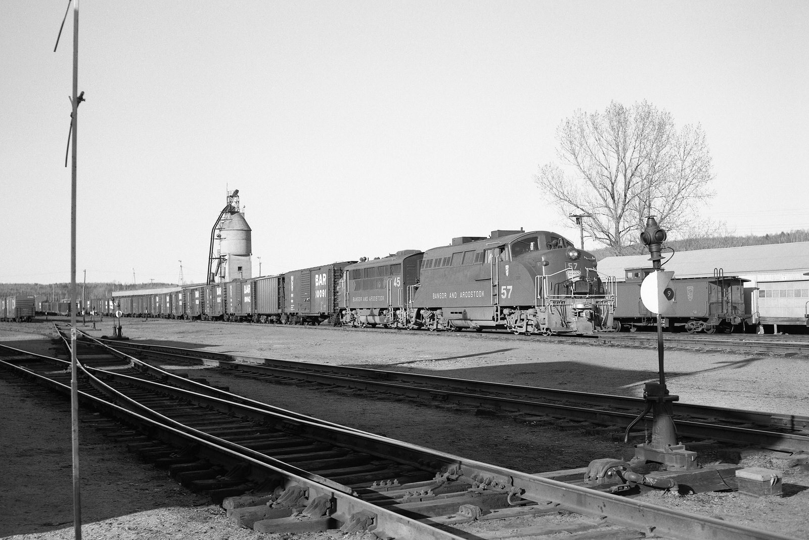 BAR BL2 #57 & F3 #45 with a freight at Millinocket, ME during MAy 1969.