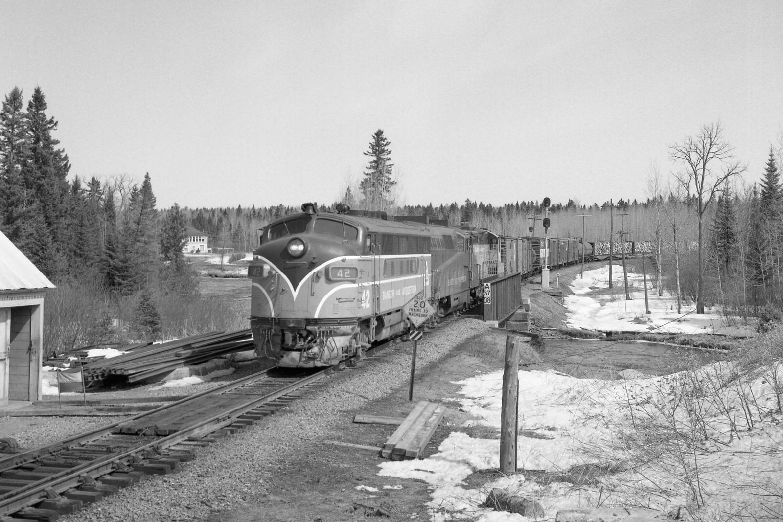 Bangor & Aroostook F3 #42 leads train #58 at Squa Pan, Maine during April 1975.