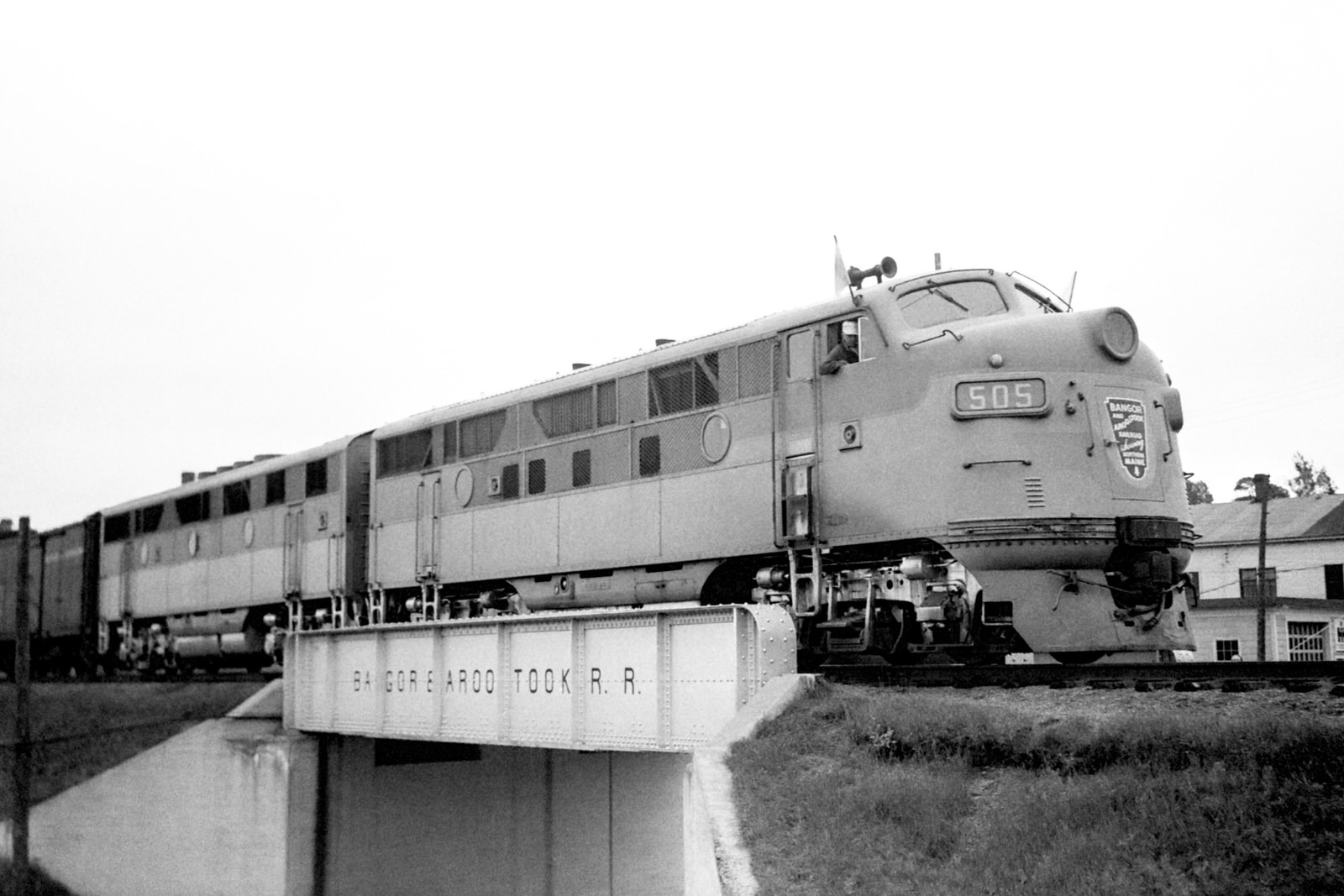 Bangor & Aroostook F3 #505 leads a F3B unit at Oakfield, Maine  on August 28, 1951.