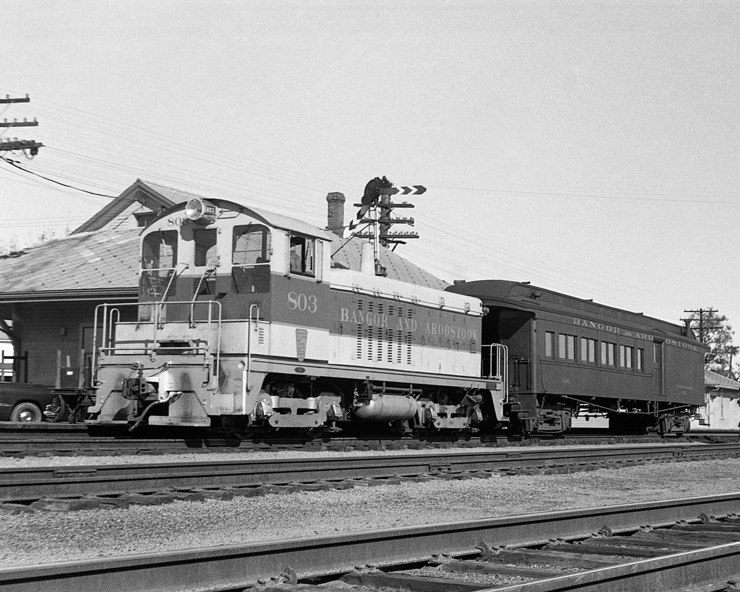 BAR NW2 #803 w/ mix train #162 @ Millinocket, ME on 10/20/1951 (8x10)