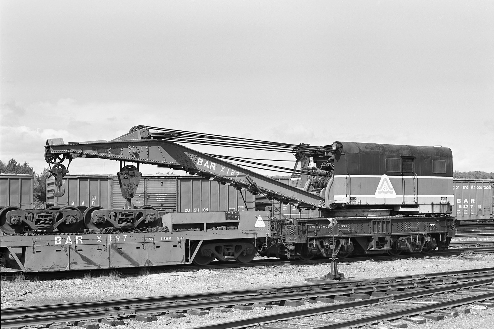 Bangor & Aroostook wrecker/hook #X-127 at Millinocket, Maine on September 20, 1992.