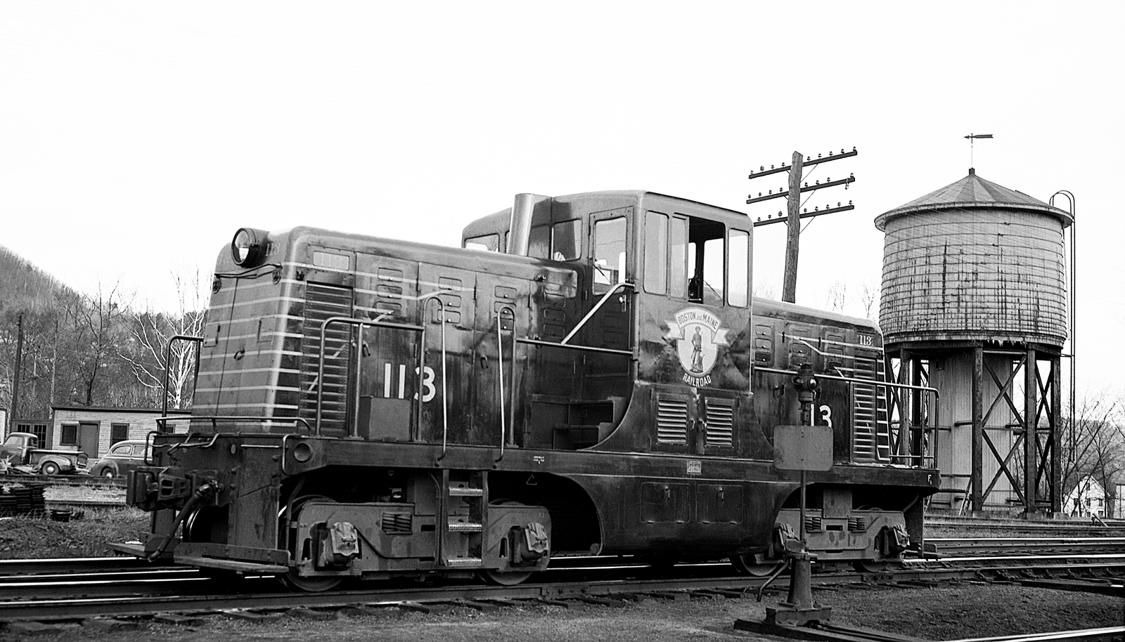 Boston Maine 44T #113 at Woodsville, NH on 3/3/1949. (8x14)