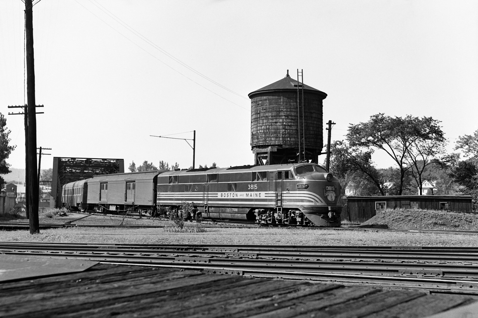 Boston & Maine E7 #3815 southbound at Bellows Falls, Vermont. Date and photographer are unknown.