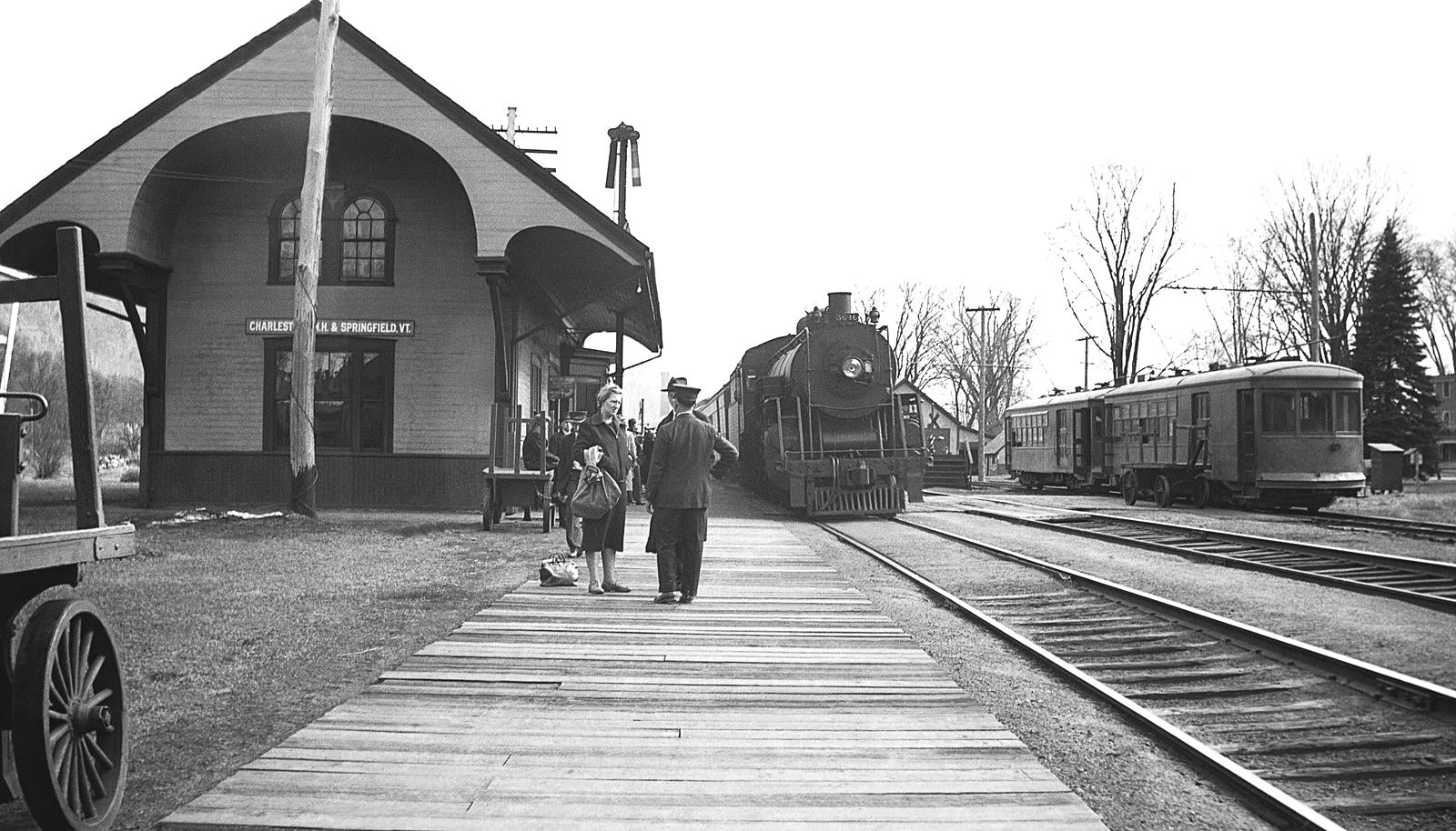 BM 4-6-2 #3646 North at Charlestown, NH with ST Trolley. Date? (8x14)