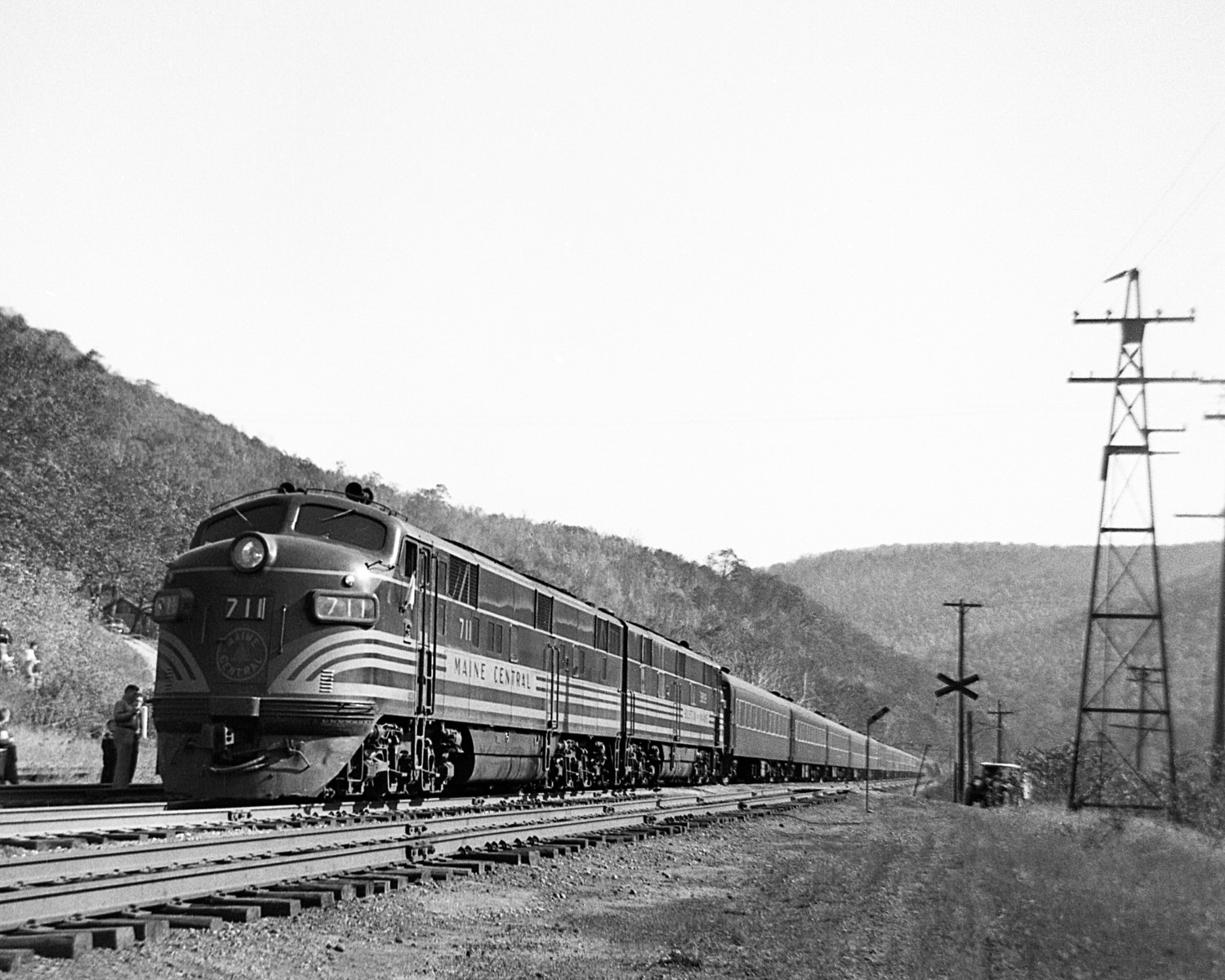 MEC 711 & B&M ? with fantrip at Hoosac Station in Rowe, MA in 1953. (8x10)